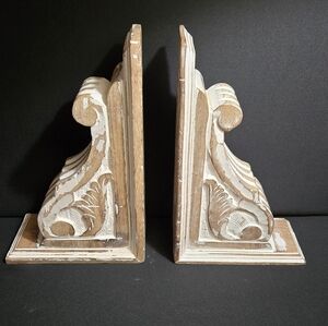 Vintage Large Fancy Wood Corbels Distressed White And Brown Finish.